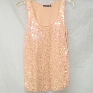 Pastel Peach Tank Top Covered In Sequins Scoop Neck Sleeveless Coquette Girl